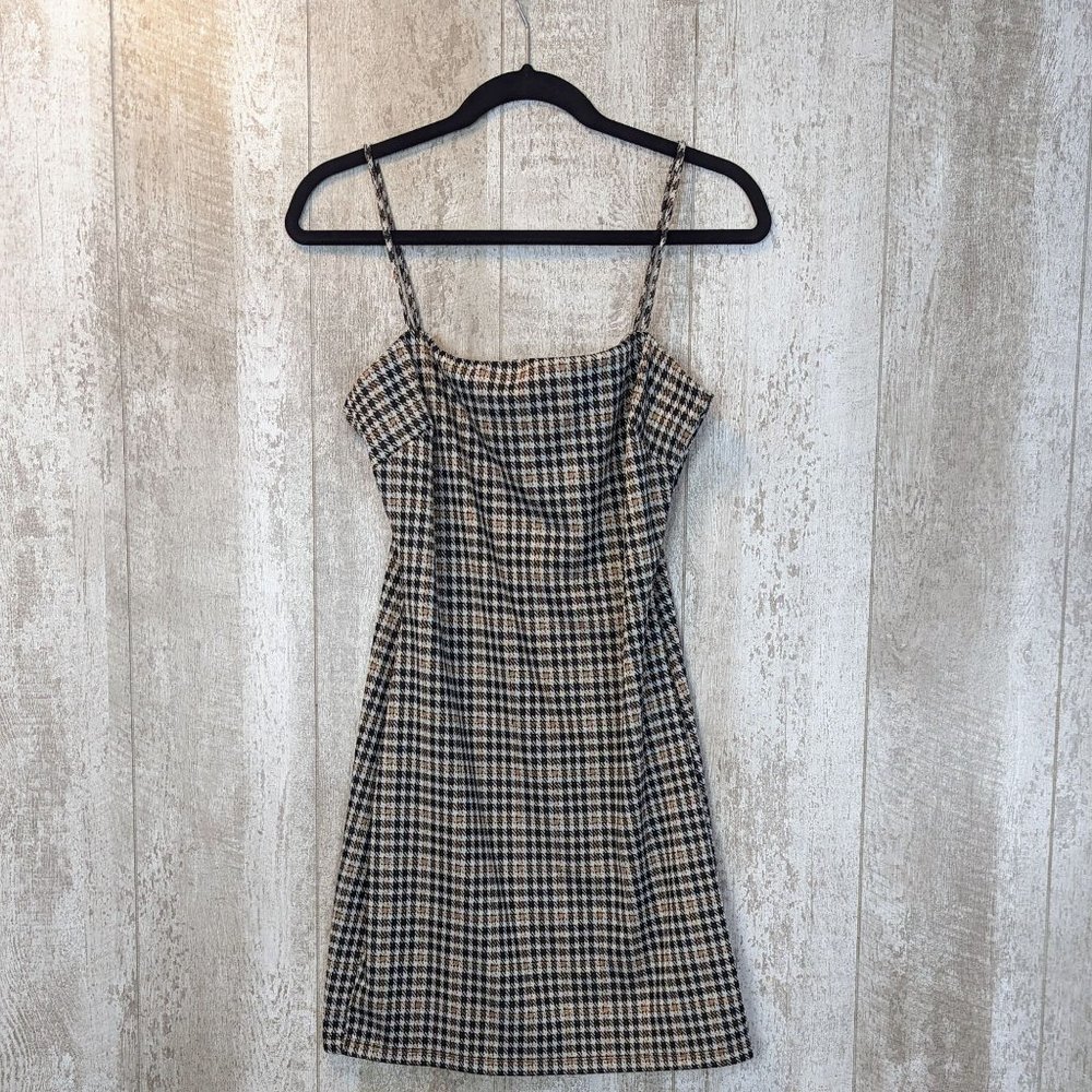 Lovely Day Bodycon Mini Dress Women's Large Tan/Brown Checkered Sleeveless Knit